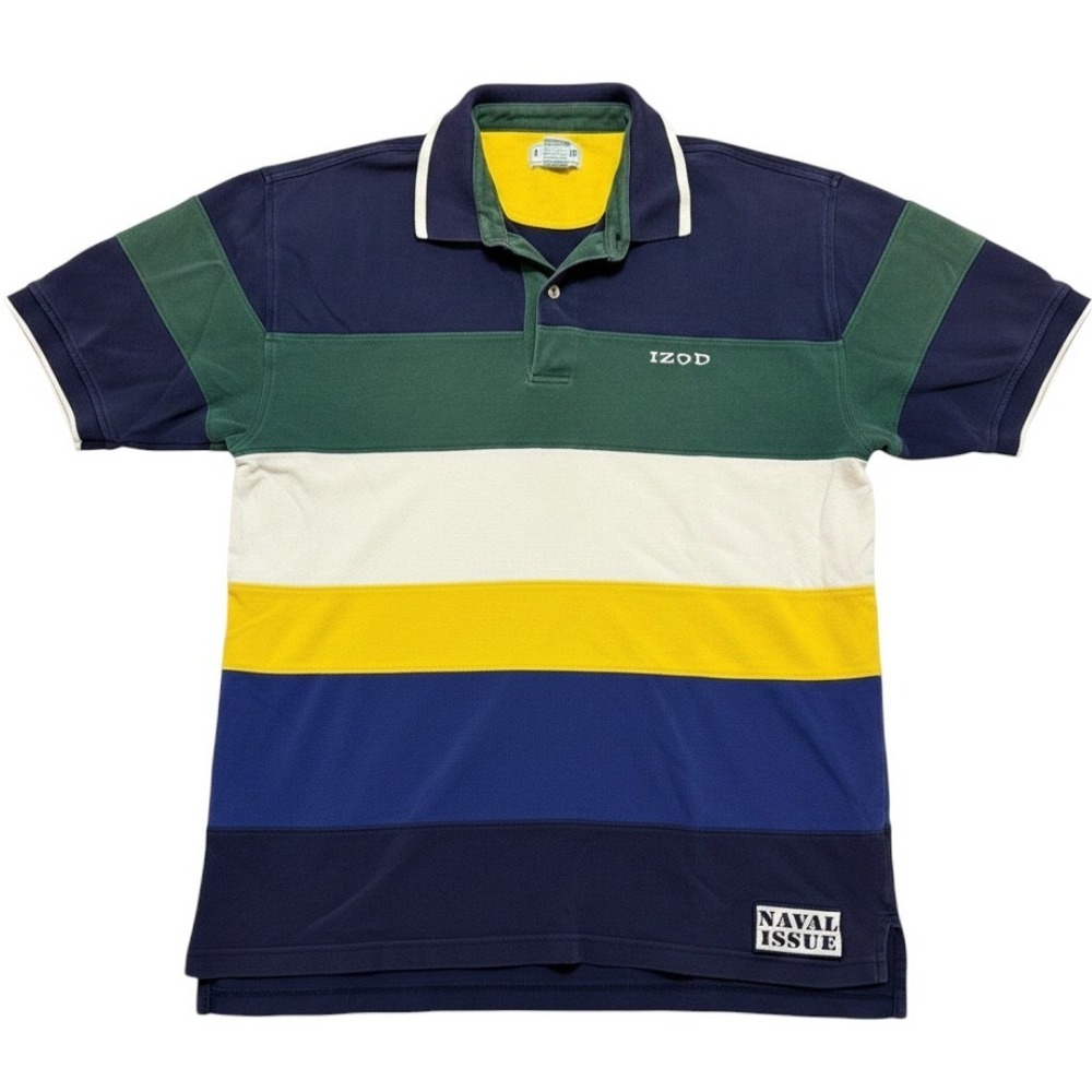 VTG Izod Naval Issue Men Large Polo Shirt Striped Colorblock Short Sleeve Cotton